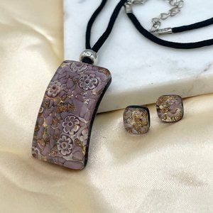 Italian Murano Glass Pendant Necklace & Earrings Set In Sterling Silver